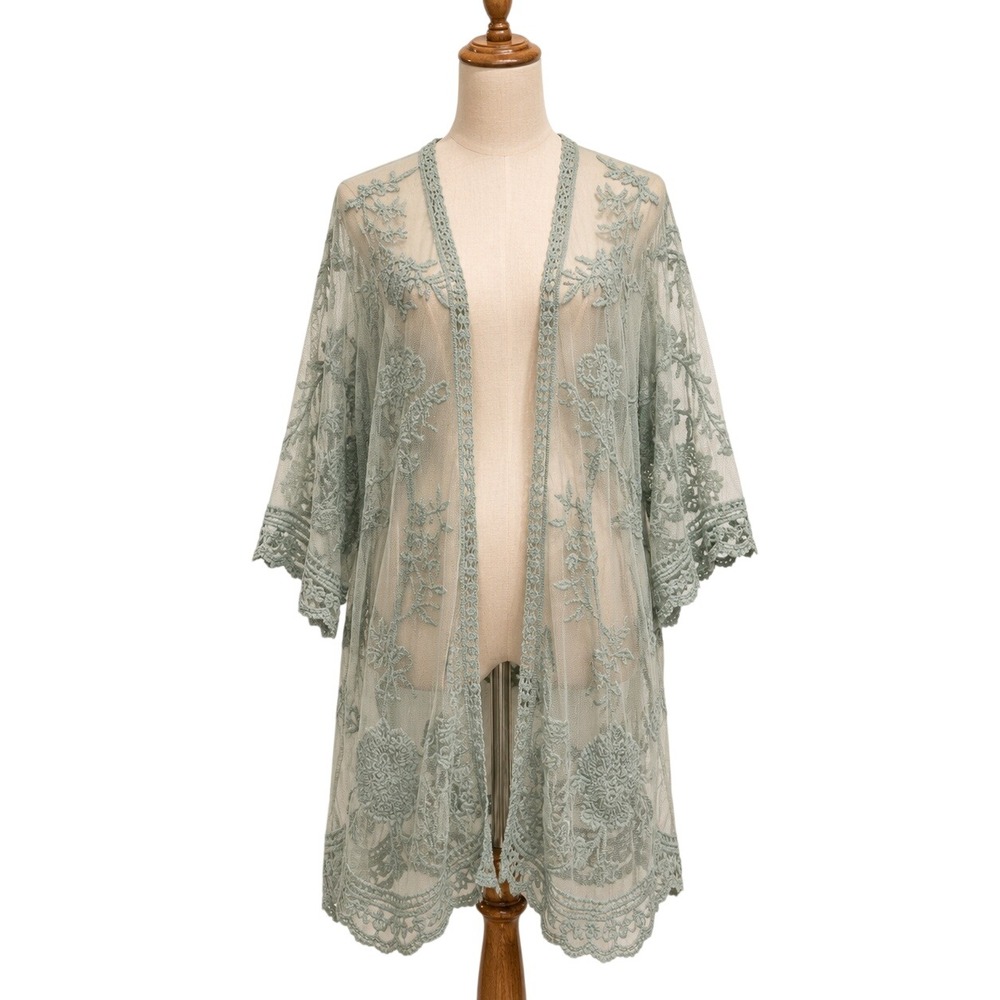 Anna-Kaci Sage Green Embroidered Lace Kimono Duster One Size Sheer Floral
